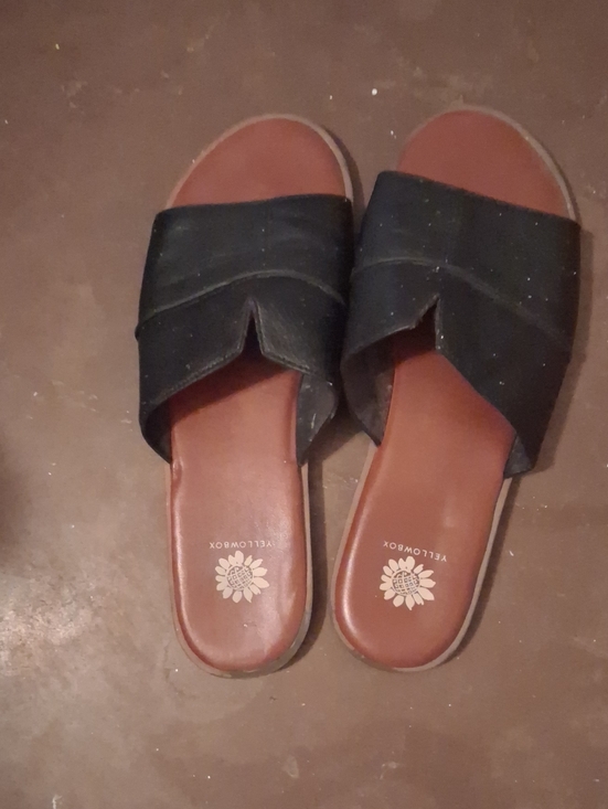 Yellow Box Shoes - Yellow Box Black Slide Sandals with Brown Footbed